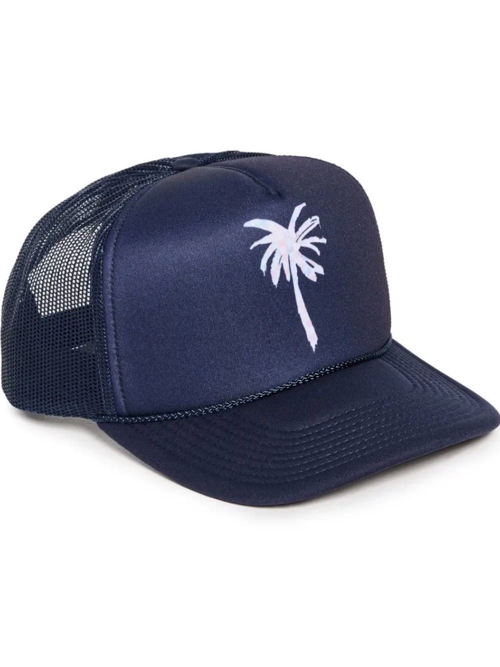 NEW Kerri Rosenthal navy blue trucker hat with palm print and checks.